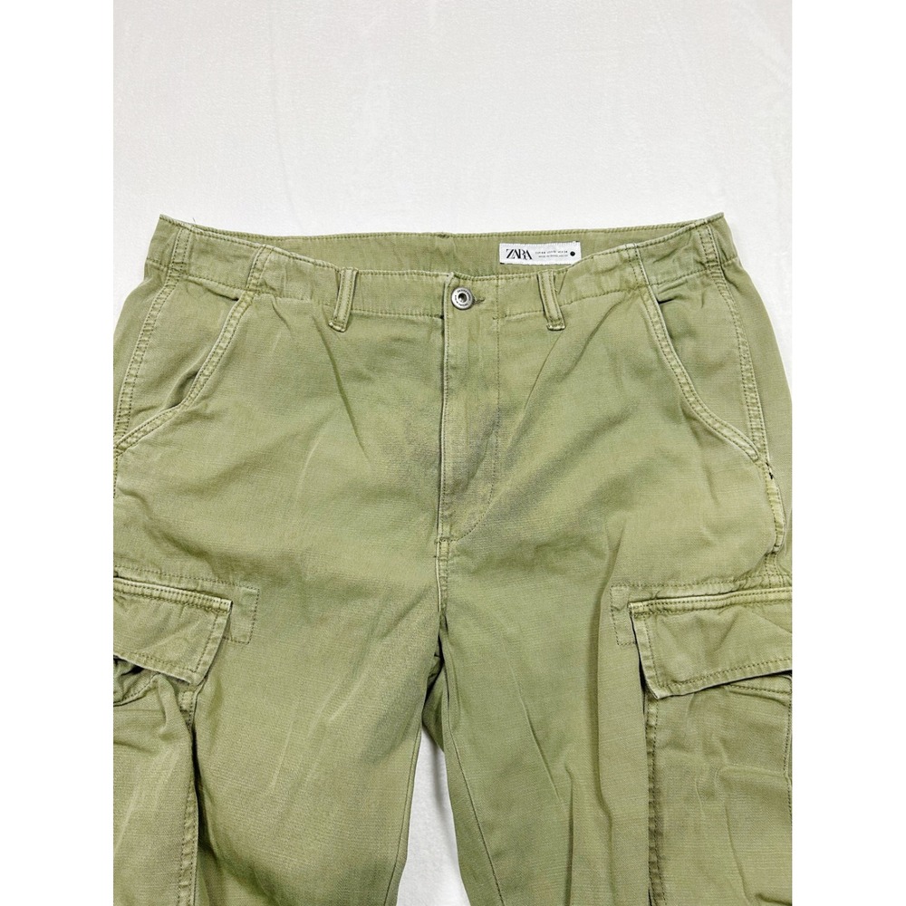 Zara Womens Olive Green Wide Leg Cargo Pants Utility Frayed Hem Size 12